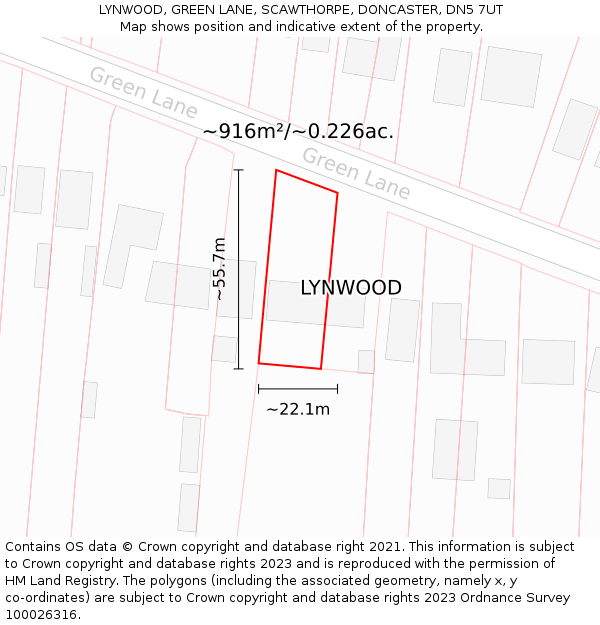 LYNWOOD, GREEN LANE, SCAWTHORPE, DONCASTER, DN5 7UT: Plot and title map