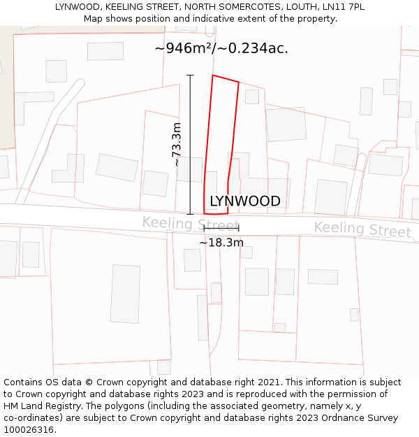 LYNWOOD, KEELING STREET, NORTH SOMERCOTES, LOUTH, LN11 7PL: Plot and title map