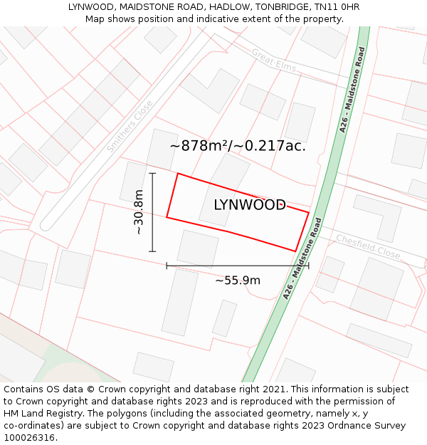 LYNWOOD, MAIDSTONE ROAD, HADLOW, TONBRIDGE, TN11 0HR: Plot and title map