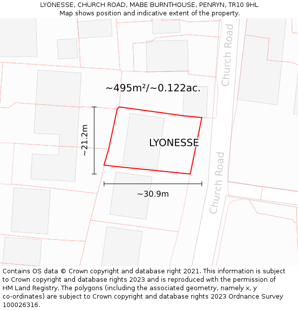 LYONESSE, CHURCH ROAD, MABE BURNTHOUSE, PENRYN, TR10 9HL: Plot and title map