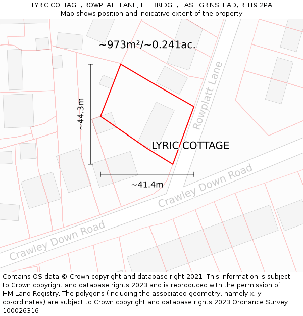 LYRIC COTTAGE, ROWPLATT LANE, FELBRIDGE, EAST GRINSTEAD, RH19 2PA: Plot and title map