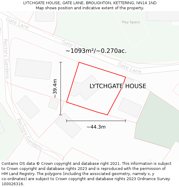 LYTCHGATE HOUSE, GATE LANE, BROUGHTON, KETTERING, NN14 1ND: Plot and title map