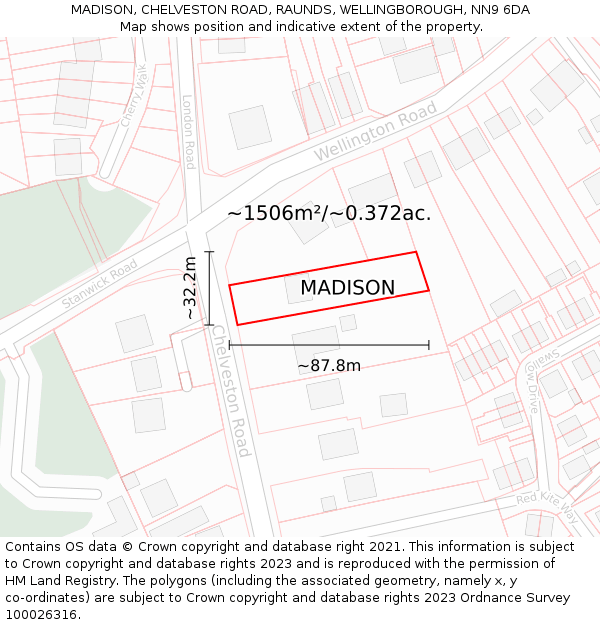 MADISON, CHELVESTON ROAD, RAUNDS, WELLINGBOROUGH, NN9 6DA: Plot and title map