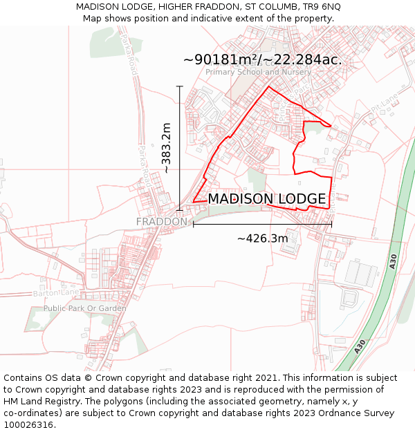 MADISON LODGE, HIGHER FRADDON, ST COLUMB, TR9 6NQ: Plot and title map