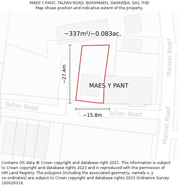 MAES Y PANT, TALFAN ROAD, BONYMAEN, SWANSEA, SA1 7HD: Plot and title map