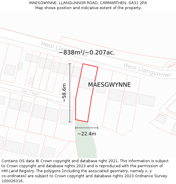 MAESGWYNNE, LLANGUNNOR ROAD, CARMARTHEN, SA31 2PA: Plot and title map