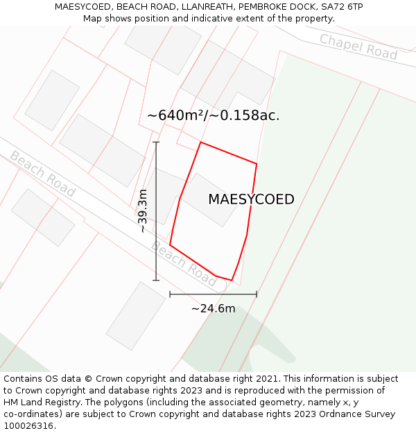 MAESYCOED, BEACH ROAD, LLANREATH, PEMBROKE DOCK, SA72 6TP: Plot and title map