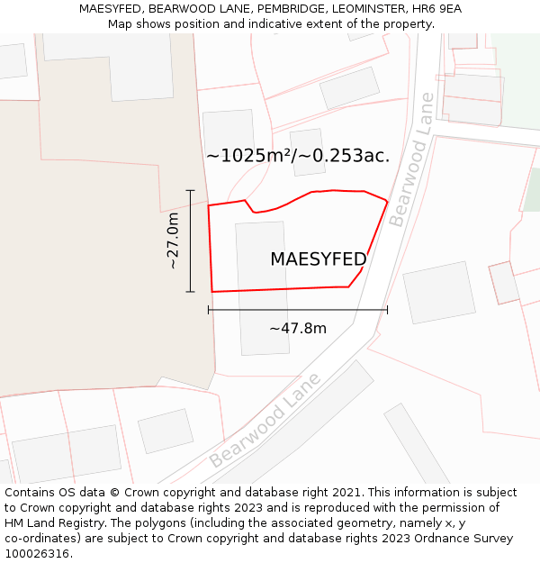 MAESYFED, BEARWOOD LANE, PEMBRIDGE, LEOMINSTER, HR6 9EA: Plot and title map