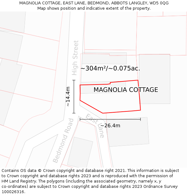 MAGNOLIA COTTAGE, EAST LANE, BEDMOND, ABBOTS LANGLEY, WD5 0QG: Plot and title map