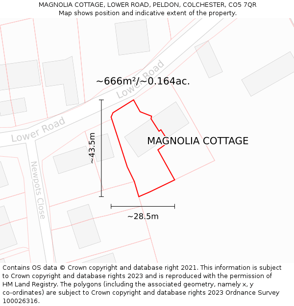 MAGNOLIA COTTAGE, LOWER ROAD, PELDON, COLCHESTER, CO5 7QR: Plot and title map