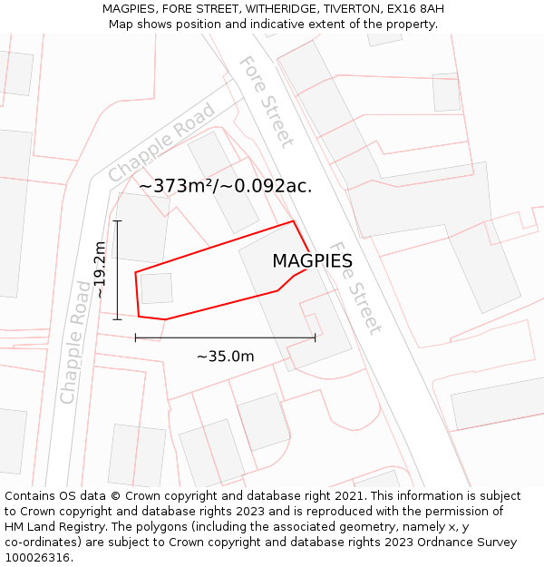 MAGPIES, FORE STREET, WITHERIDGE, TIVERTON, EX16 8AH: Plot and title map