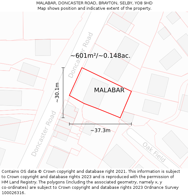 MALABAR, DONCASTER ROAD, BRAYTON, SELBY, YO8 9HD: Plot and title map