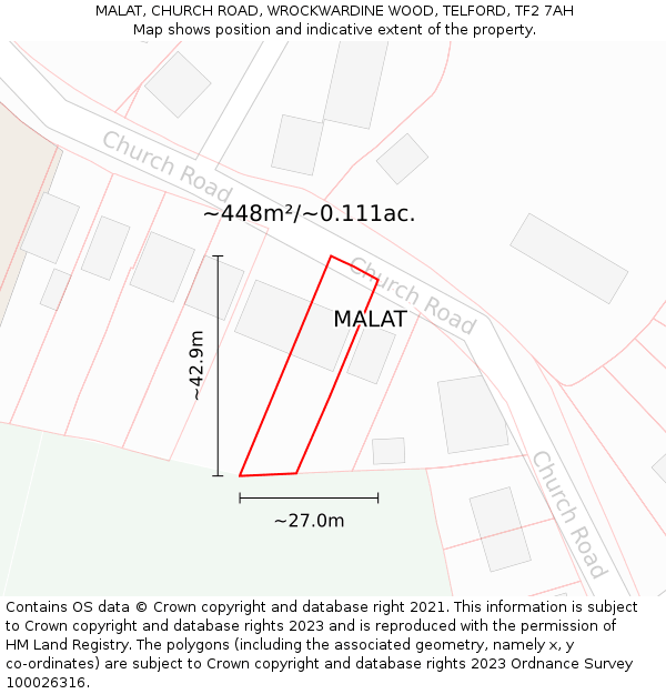 MALAT, CHURCH ROAD, WROCKWARDINE WOOD, TELFORD, TF2 7AH: Plot and title map