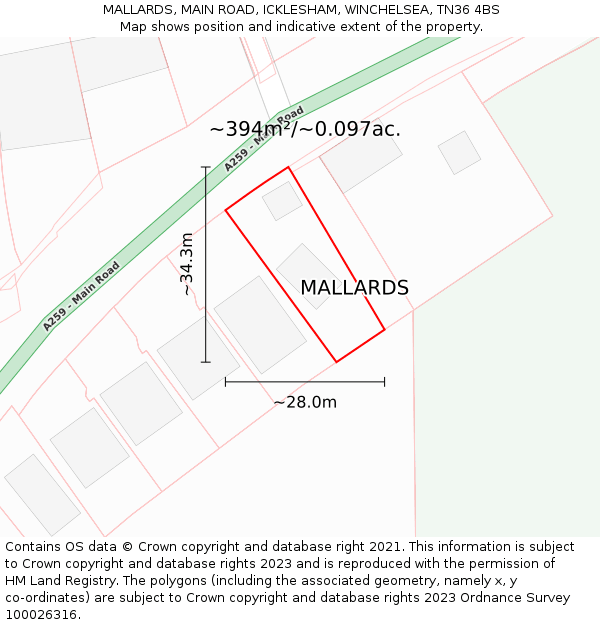 MALLARDS, MAIN ROAD, ICKLESHAM, WINCHELSEA, TN36 4BS: Plot and title map