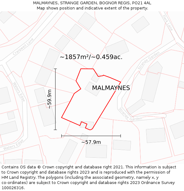 MALMAYNES, STRANGE GARDEN, BOGNOR REGIS, PO21 4AL: Plot and title map