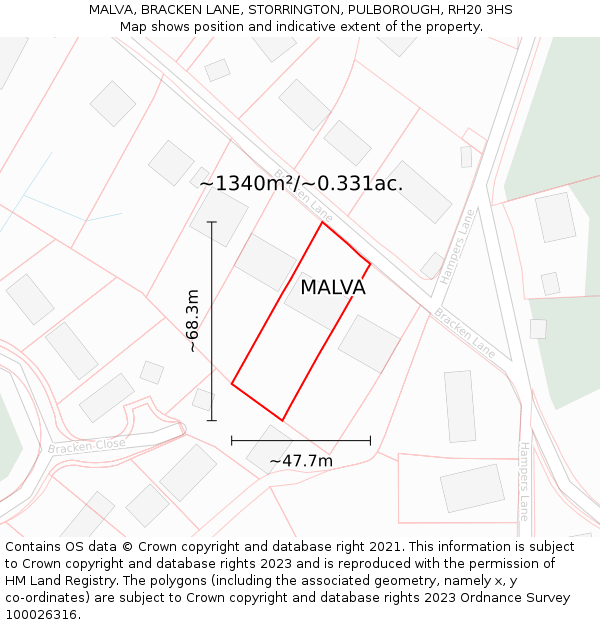 MALVA, BRACKEN LANE, STORRINGTON, PULBOROUGH, RH20 3HS: Plot and title map