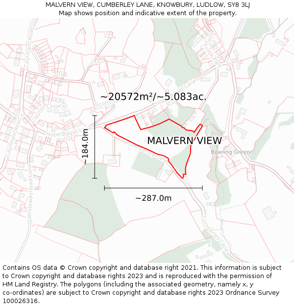 MALVERN VIEW, CUMBERLEY LANE, KNOWBURY, LUDLOW, SY8 3LJ: Plot and title map