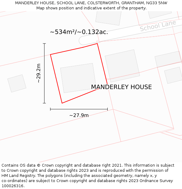 MANDERLEY HOUSE, SCHOOL LANE, COLSTERWORTH, GRANTHAM, NG33 5NW: Plot and title map