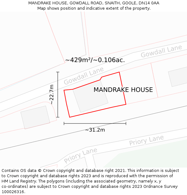 MANDRAKE HOUSE, GOWDALL ROAD, SNAITH, GOOLE, DN14 0AA: Plot and title map