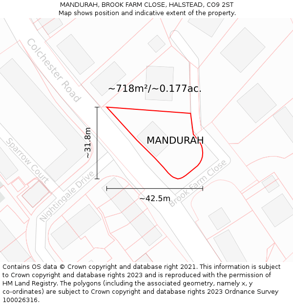 MANDURAH, BROOK FARM CLOSE, HALSTEAD, CO9 2ST: Plot and title map