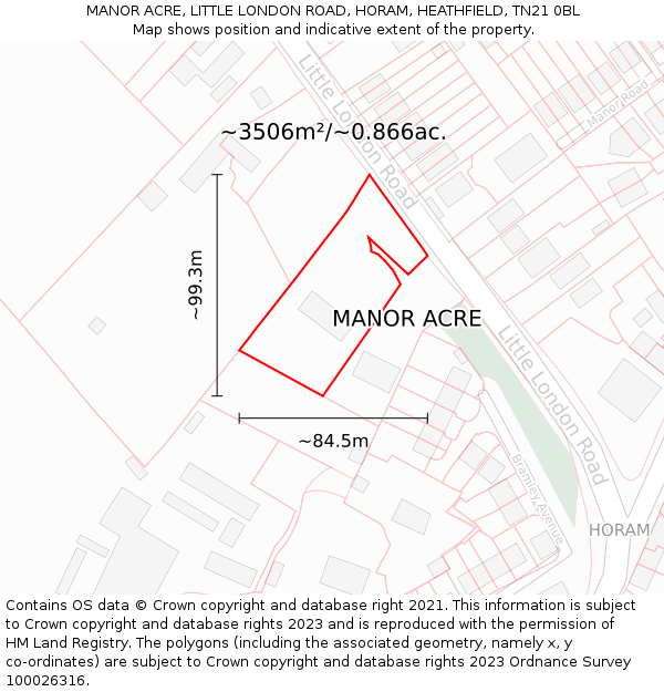 MANOR ACRE, LITTLE LONDON ROAD, HORAM, HEATHFIELD, TN21 0BL: Plot and title map