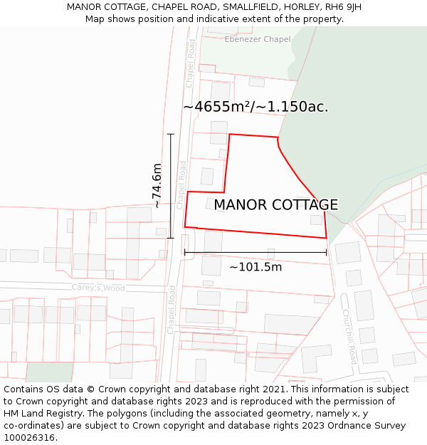 MANOR COTTAGE, CHAPEL ROAD, SMALLFIELD, HORLEY, RH6 9JH: Plot and title map