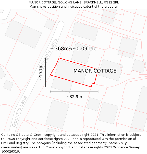 MANOR COTTAGE, GOUGHS LANE, BRACKNELL, RG12 2PL: Plot and title map