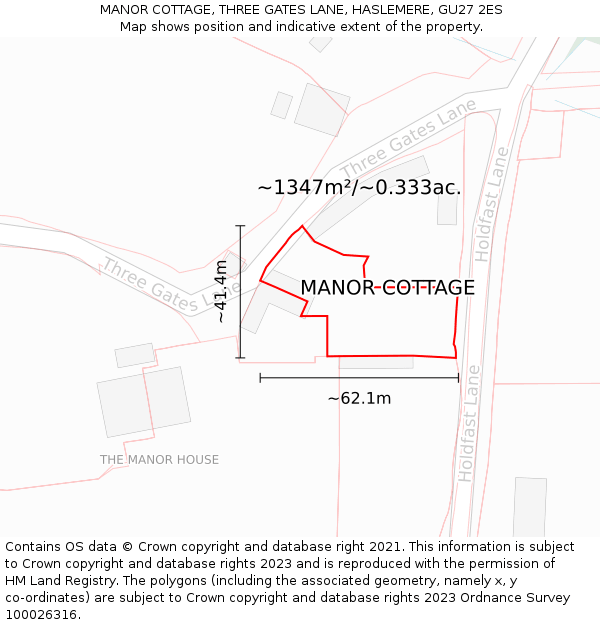 MANOR COTTAGE, THREE GATES LANE, HASLEMERE, GU27 2ES: Plot and title map