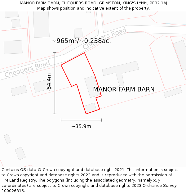 MANOR FARM BARN, CHEQUERS ROAD, GRIMSTON, KING'S LYNN, PE32 1AJ: Plot and title map