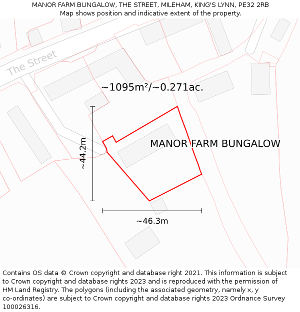 MANOR FARM BUNGALOW, THE STREET, MILEHAM, KING'S LYNN, PE32 2RB: Plot and title map