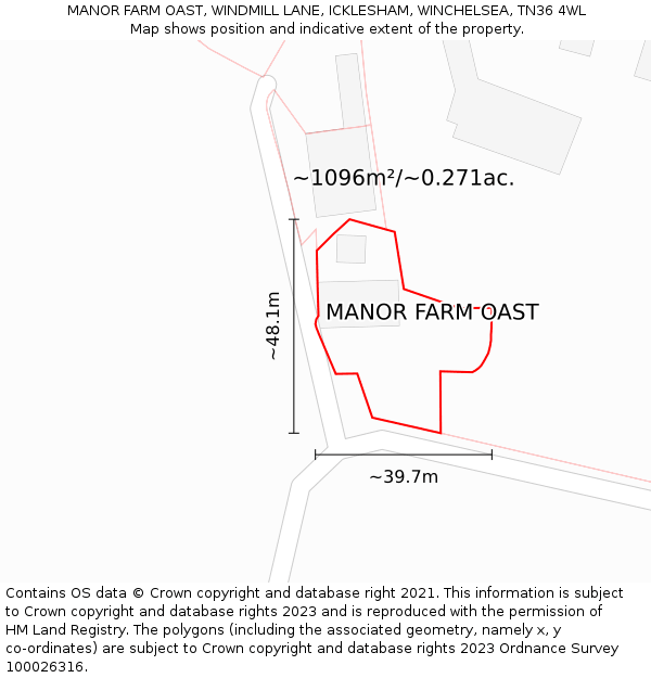 MANOR FARM OAST, WINDMILL LANE, ICKLESHAM, WINCHELSEA, TN36 4WL: Plot and title map