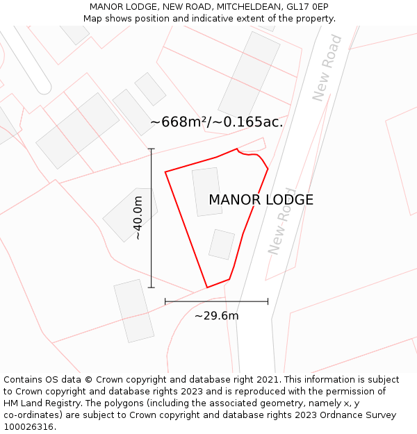 MANOR LODGE, NEW ROAD, MITCHELDEAN, GL17 0EP: Plot and title map