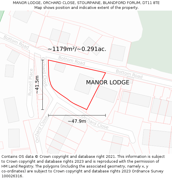 MANOR LODGE, ORCHARD CLOSE, STOURPAINE, BLANDFORD FORUM, DT11 8TE: Plot and title map