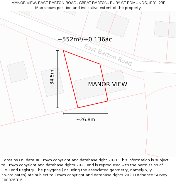 MANOR VIEW, EAST BARTON ROAD, GREAT BARTON, BURY ST EDMUNDS, IP31 2RF: Plot and title map