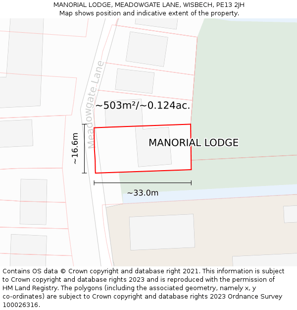 MANORIAL LODGE, MEADOWGATE LANE, WISBECH, PE13 2JH: Plot and title map