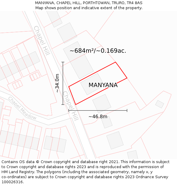 MANYANA, CHAPEL HILL, PORTHTOWAN, TRURO, TR4 8AS: Plot and title map