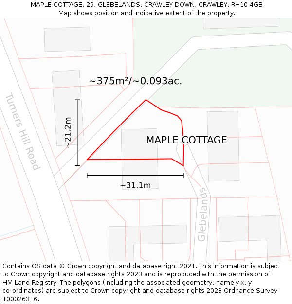 MAPLE COTTAGE, 29, GLEBELANDS, CRAWLEY DOWN, CRAWLEY, RH10 4GB: Plot and title map