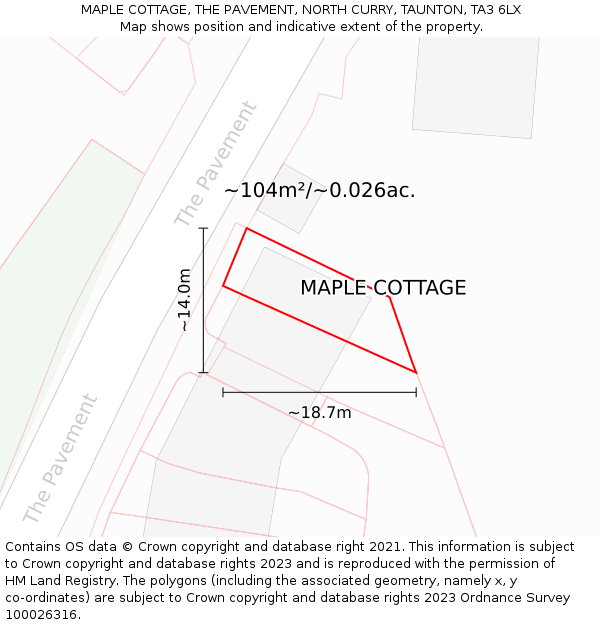 MAPLE COTTAGE, THE PAVEMENT, NORTH CURRY, TAUNTON, TA3 6LX: Plot and title map