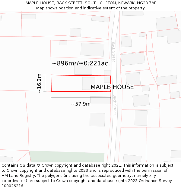 MAPLE HOUSE, BACK STREET, SOUTH CLIFTON, NEWARK, NG23 7AF: Plot and title map
