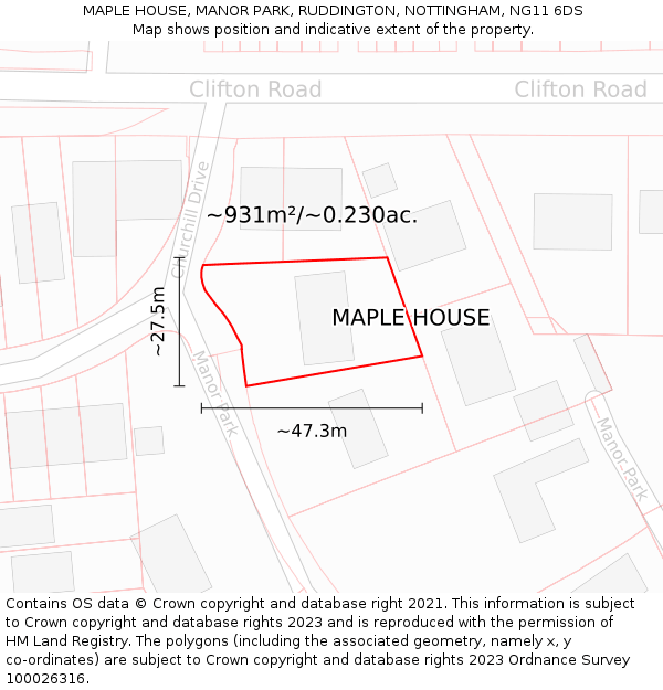 MAPLE HOUSE, MANOR PARK, RUDDINGTON, NOTTINGHAM, NG11 6DS: Plot and title map