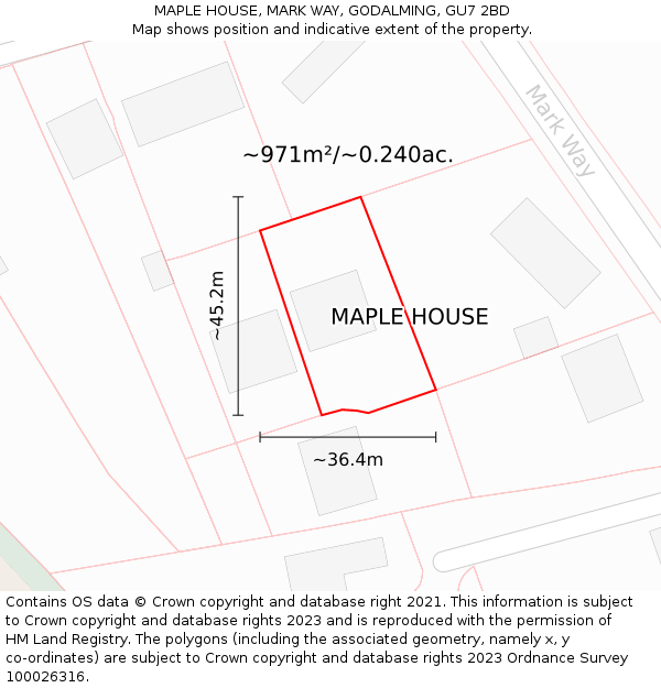 MAPLE HOUSE, MARK WAY, GODALMING, GU7 2BD: Plot and title map