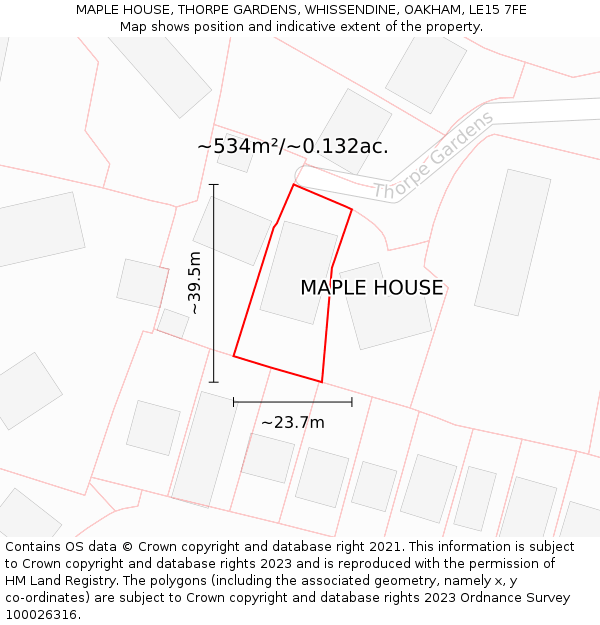 MAPLE HOUSE, THORPE GARDENS, WHISSENDINE, OAKHAM, LE15 7FE: Plot and title map