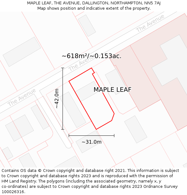 MAPLE LEAF, THE AVENUE, DALLINGTON, NORTHAMPTON, NN5 7AJ: Plot and title map