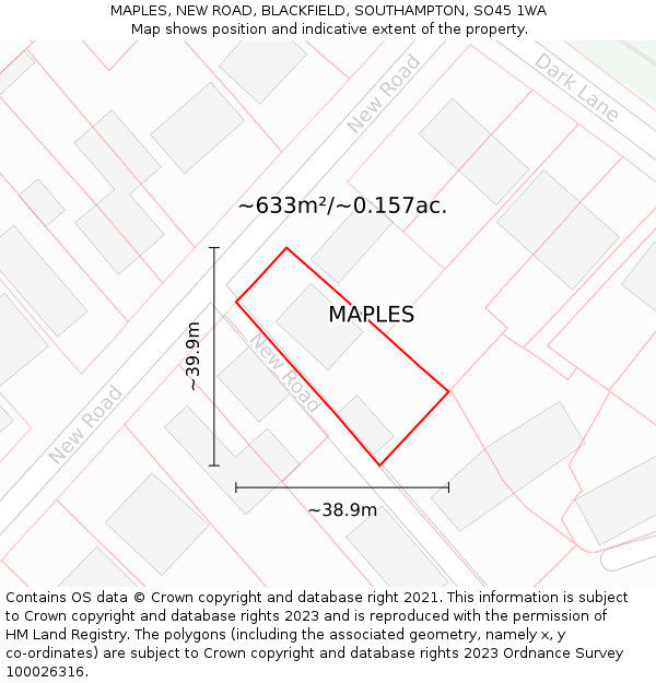 MAPLES, NEW ROAD, BLACKFIELD, SOUTHAMPTON, SO45 1WA: Plot and title map