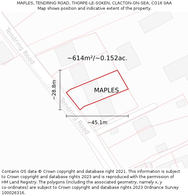 MAPLES, TENDRING ROAD, THORPE-LE-SOKEN, CLACTON-ON-SEA, CO16 0AA: Plot and title map