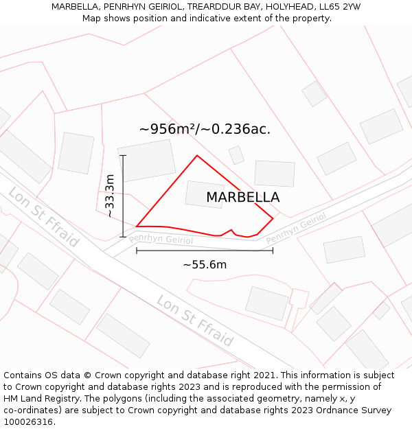 MARBELLA, PENRHYN GEIRIOL, TREARDDUR BAY, HOLYHEAD, LL65 2YW: Plot and title map