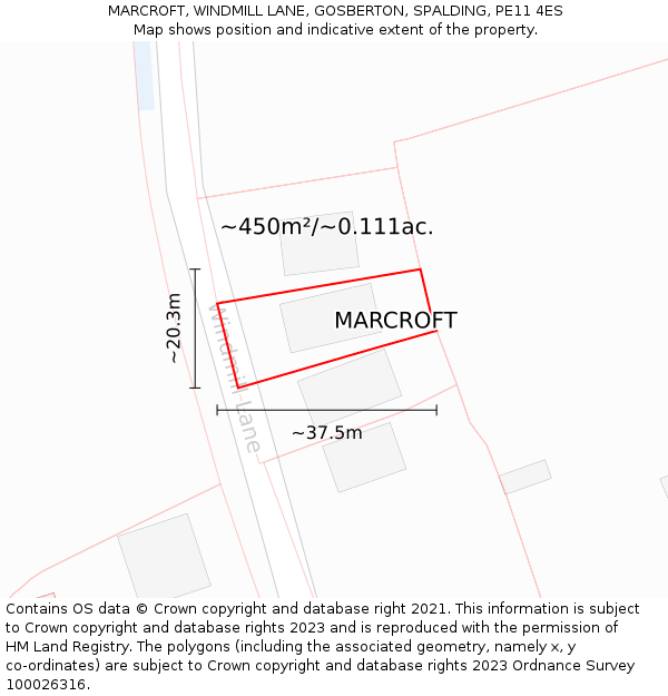 MARCROFT, WINDMILL LANE, GOSBERTON, SPALDING, PE11 4ES: Plot and title map