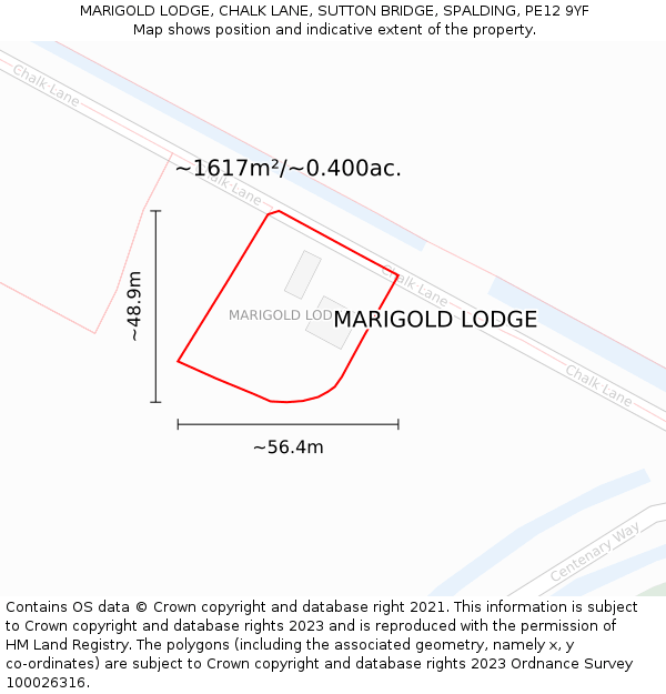 MARIGOLD LODGE, CHALK LANE, SUTTON BRIDGE, SPALDING, PE12 9YF: Plot and title map