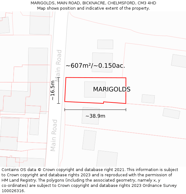 MARIGOLDS, MAIN ROAD, BICKNACRE, CHELMSFORD, CM3 4HD: Plot and title map