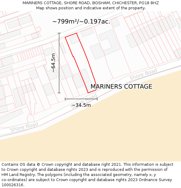 MARINERS COTTAGE, SHORE ROAD, BOSHAM, CHICHESTER, PO18 8HZ: Plot and title map